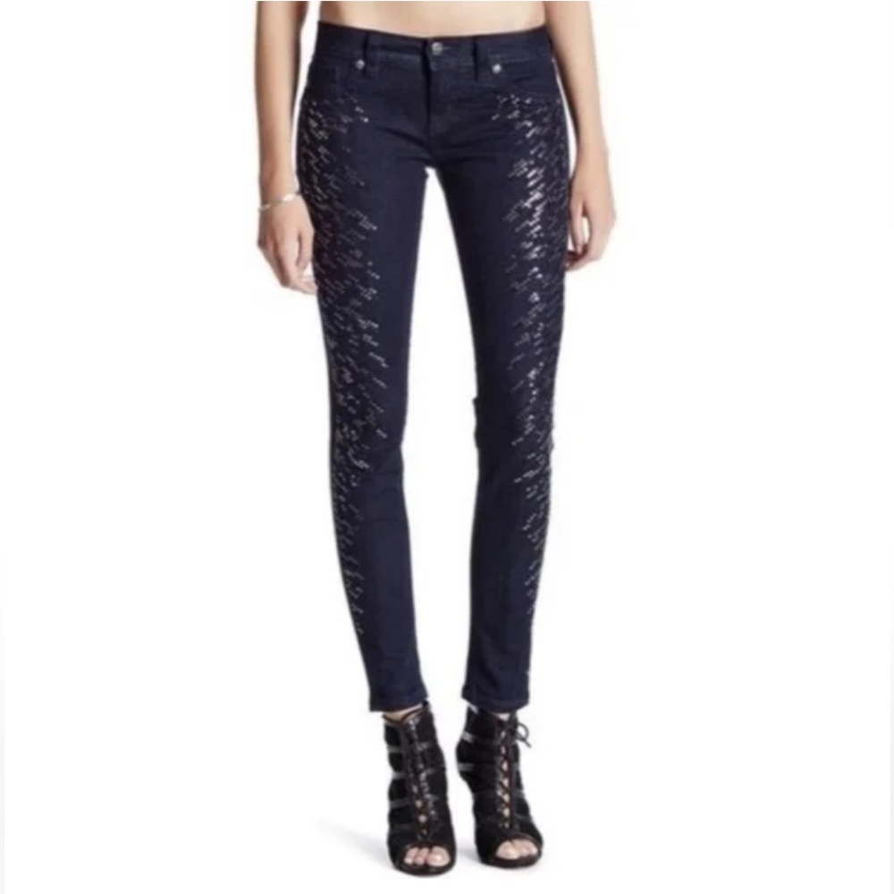 Miss Me Dark Blue Signature Super Skinny Sequin Embellished Jeans Like New Sz 25